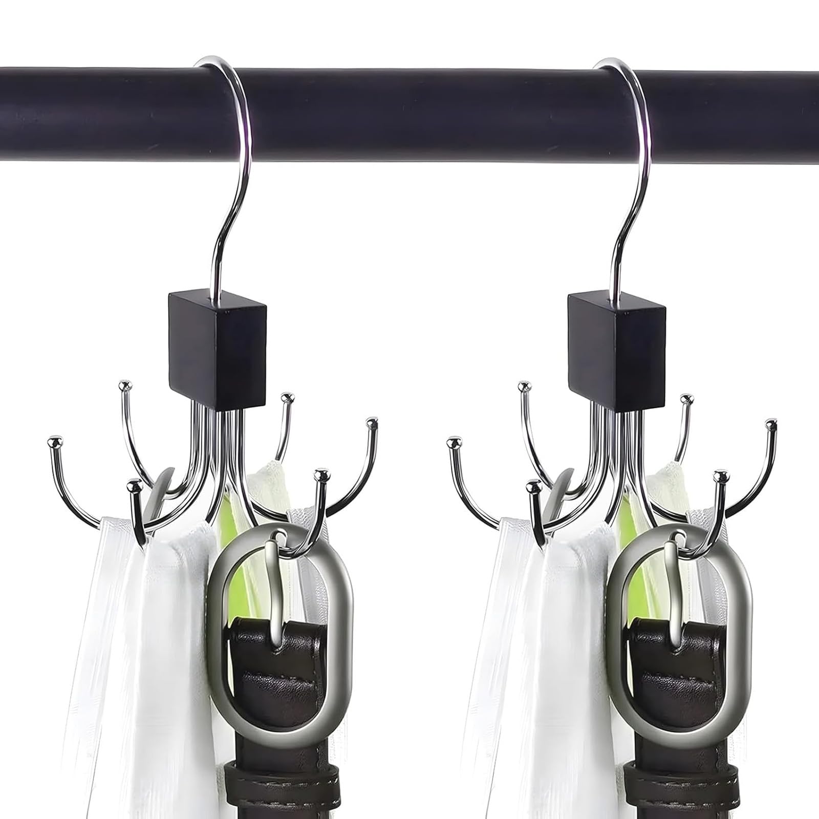 2 Pcs 360° Swivel Belt Hangers for Wardrobe, Tie Rack Hanger with 6 Hooks, Suitable for Tie, Belt, Gloves, Scarves, Handbags (Black)