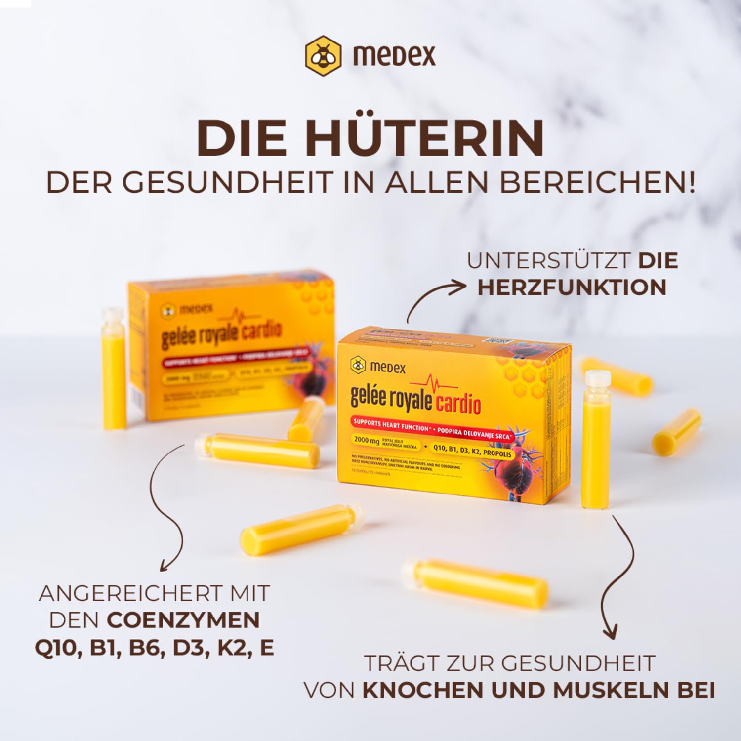 Medex Gelée Royale Cardio 2000 mg - Herz-Vitamine - Mit Gelee Royal, Q10, Vitaminen B1, D3, K2 & Propolis - Nahrungsergänzungsmittel - 10 Ampullen - 10 Tage