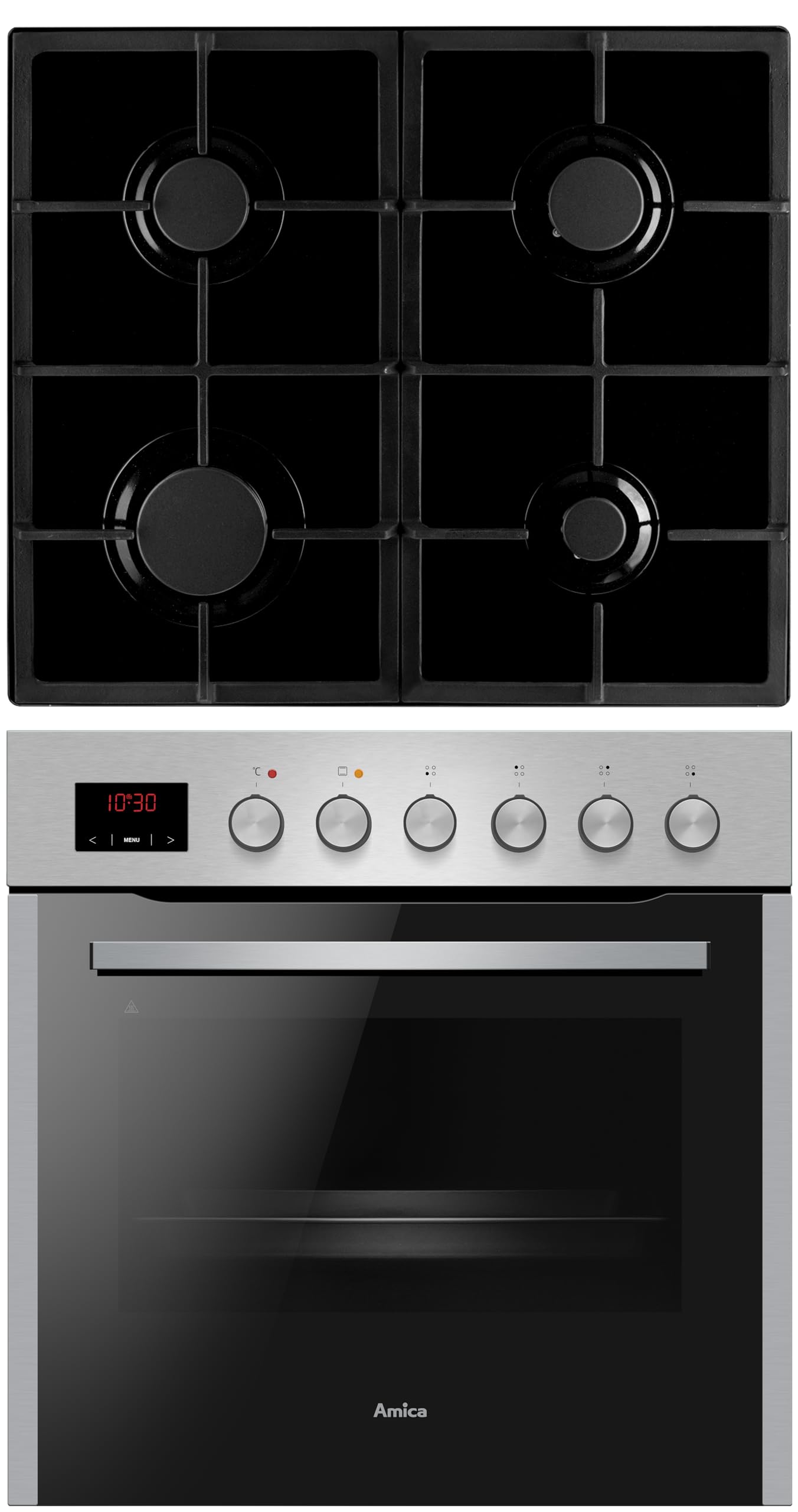 Amica Einbau Herd Set 65L Backofen Heißluft Ringsystem Gaskochfeld vier Kochzonen Gusseisentraeger SteamClean EasyClean SoftClose SensorControl 1fach Auszug