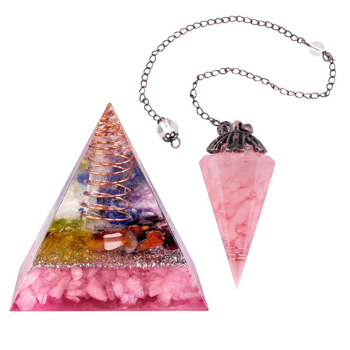 mookaitedecorRose Quartz Orgone Pyramid & Pendulum Set, Decorative Crystal Display for Divination, Chakra Healing and Meditation Yoga Balancing