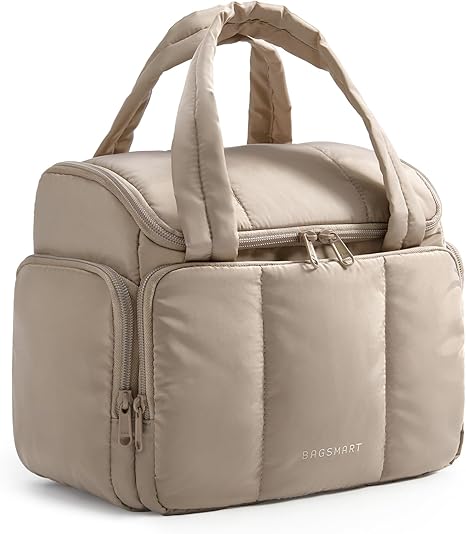 BAGSMART Toiletry Bag for Women with Dual-Padded Handles, Puffy Lightweight Makeup Bag for Makeup Accessories, Brushes Set, Travel-Sized Container, Camel