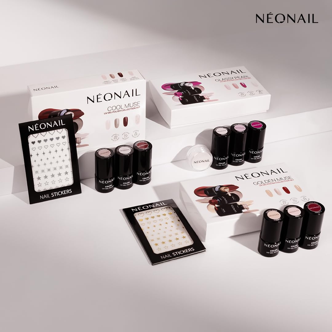 NÉONAIL Zestaw do hybryd: 3x lakier do paznokci 3ml + naklejki Nail Stickers Metallic Gold