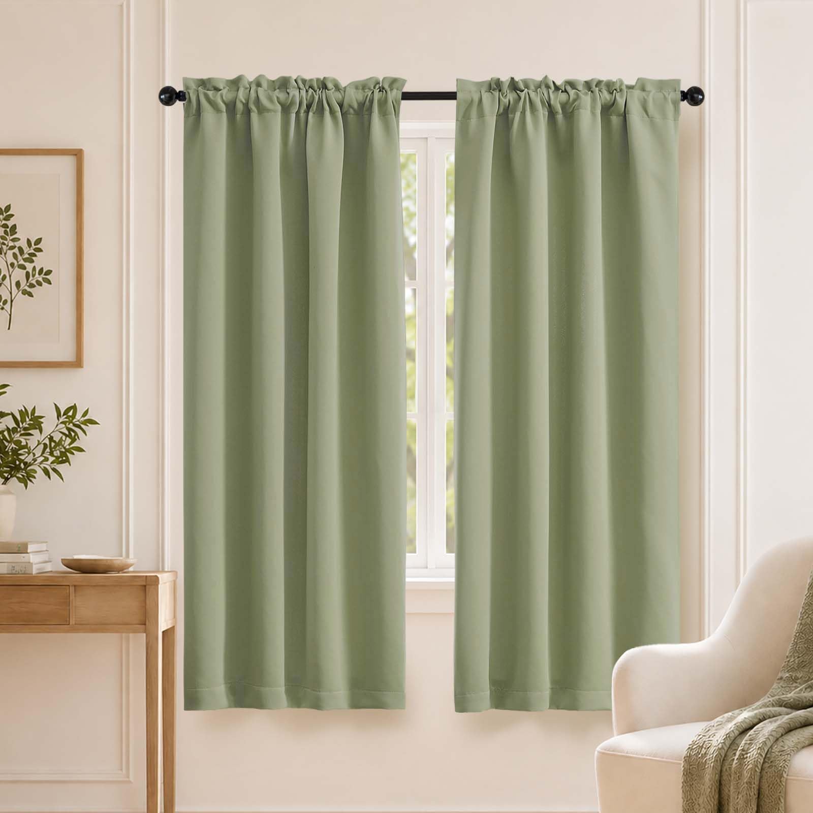 OVZME Sage Green Blackout Curtains for Bedroom 63 Inches Long 2 Panels, Thermal Insulated Room Darkening Curtains for Living Room, Dual Rod Pocket Blackout Drapes, 2x40Wx63L Inches