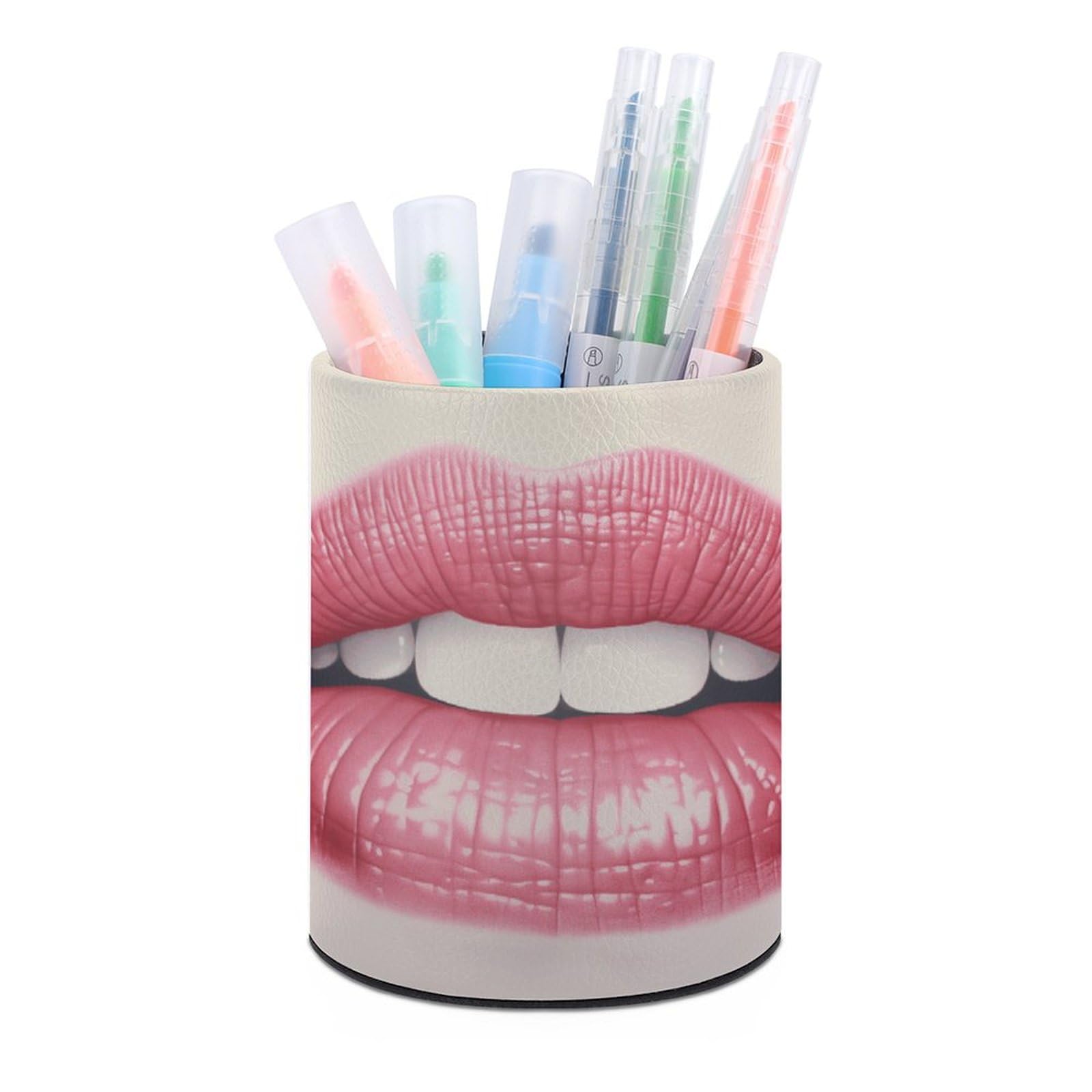 KLOPH PU Leather Pen Holder for Desk, Aesthetic Pencil Cup for Desktop, Makeup Brush Srotage for PenOrganizer Office Supplies, Peach Woman Lips Pen Cup Pencil Caddy for Home Art Supply