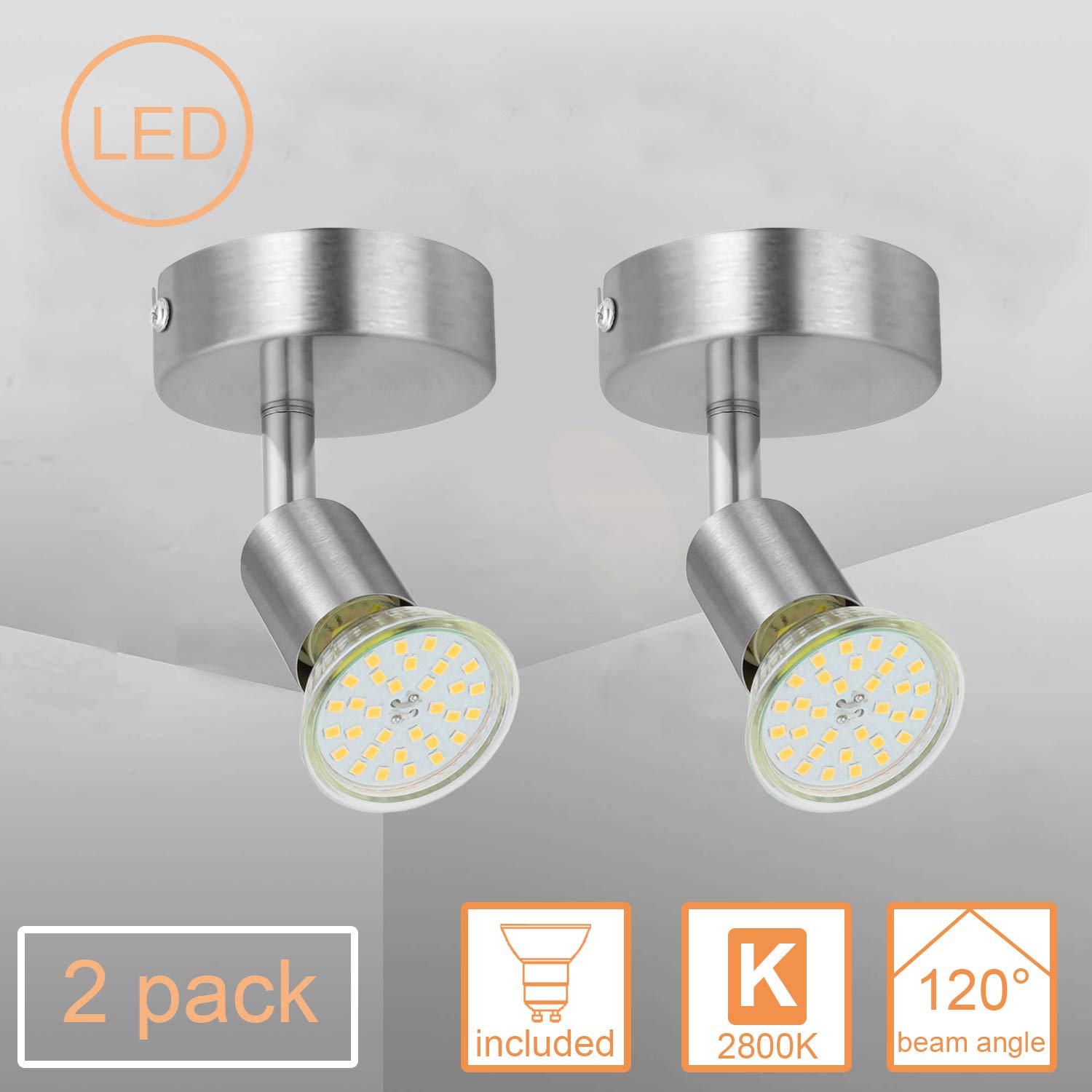 Ketom LED Ceiling Spots Rotatable 2 Packs 1 Way LED Ceiling Light Including 6W GU10 LED Bulbs Warm White 2800K 550LM Matte Nickel Spotlight Ceiling for Kitchen, Living Room, Bedroom [Energy Class A+]
