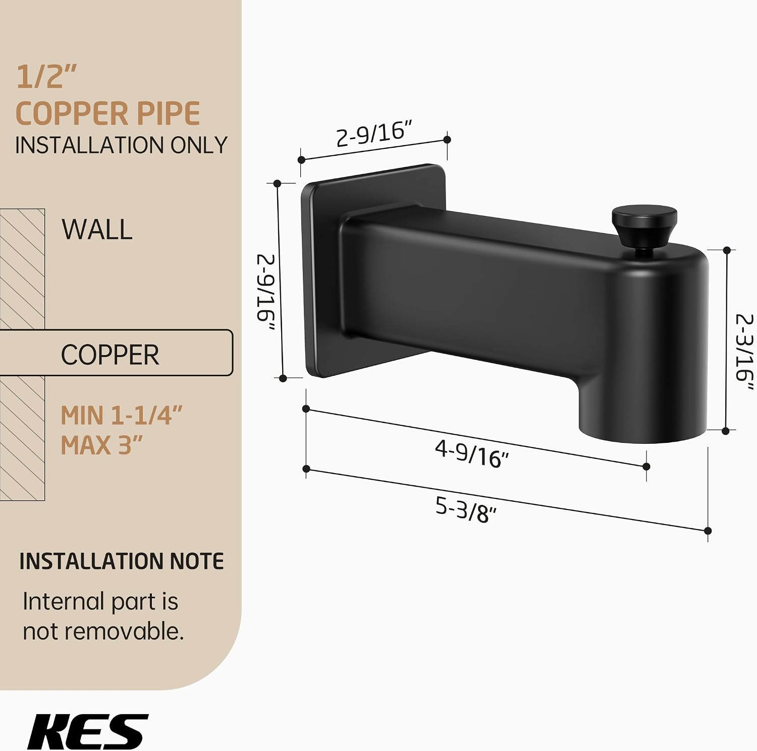 All Metal Tub Spout with Diverter, KES 5-3/8 Inch Bath Tub Faucet Replacement with Stainless Steel Extension Nipple, Black Shower Slip-on Bathtub Faucet for 1/2 Inch Copper Pipe, PTSN300-BK