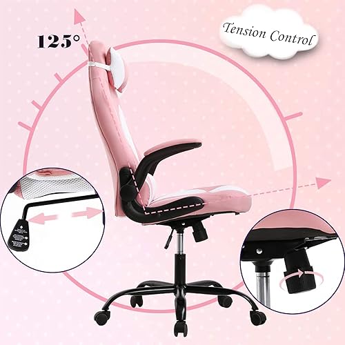 Miniatura 7 de Silla de oficina rosa para juegos, silla ergonómica de respaldo alto para computadora con soporte lumbar y brazos abatibles, silla de escritorio