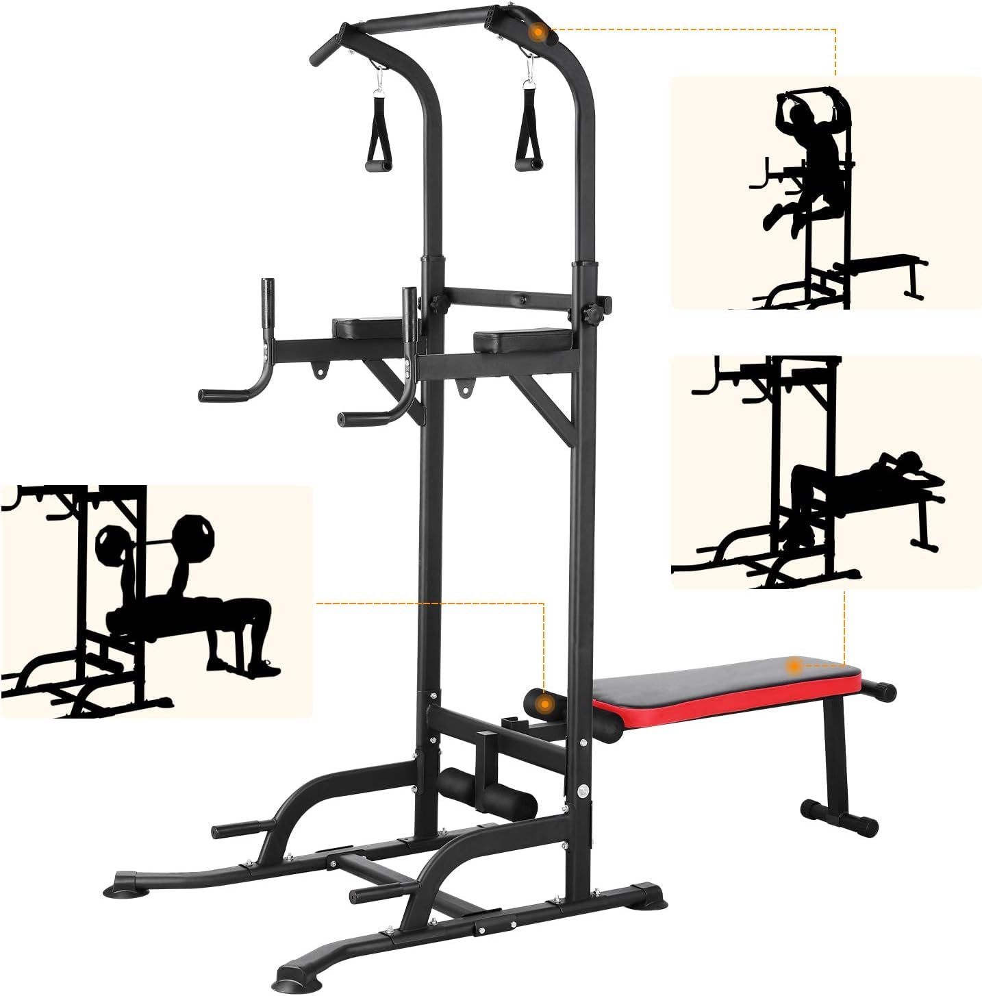 Dip Station Power Tower Tour de musculation multifonction avec banc de musculation pliable, barre de traction pour appareils de musculation à la maison, avec bandes d'entraînement, capacité de charge