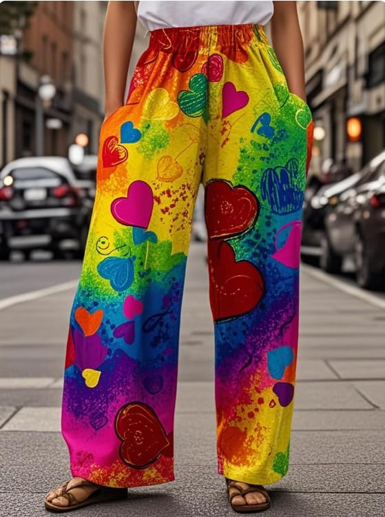 Women's Heart Print Wide-Leg Pants with Pockets, Elastic Waist Loose Trousers, Boho Style, Suitable for Summer Festivals2