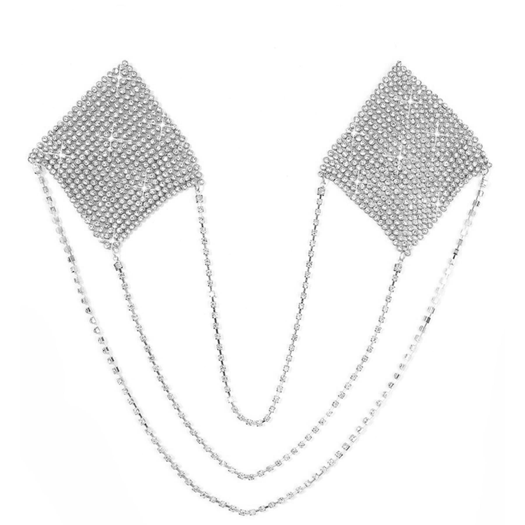 ZGMYC Sparkly Rhinestones Metal Chain Nipple Cover with Tassel, Reusable Adhesive Pasties Sexy Bra Body Chain - Prata