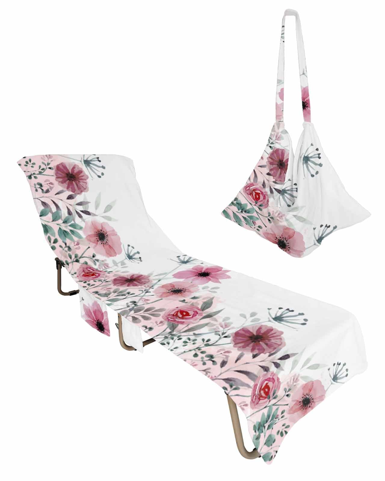 Vintage Floral Beach Chair Towel Covers for Chaise Lounge with Side Pocket, Soft Plush Pool Towels Cover for Patio Sunbathing Outdoor 29''x85'' Botanical Wildflower Watercolor Leaves