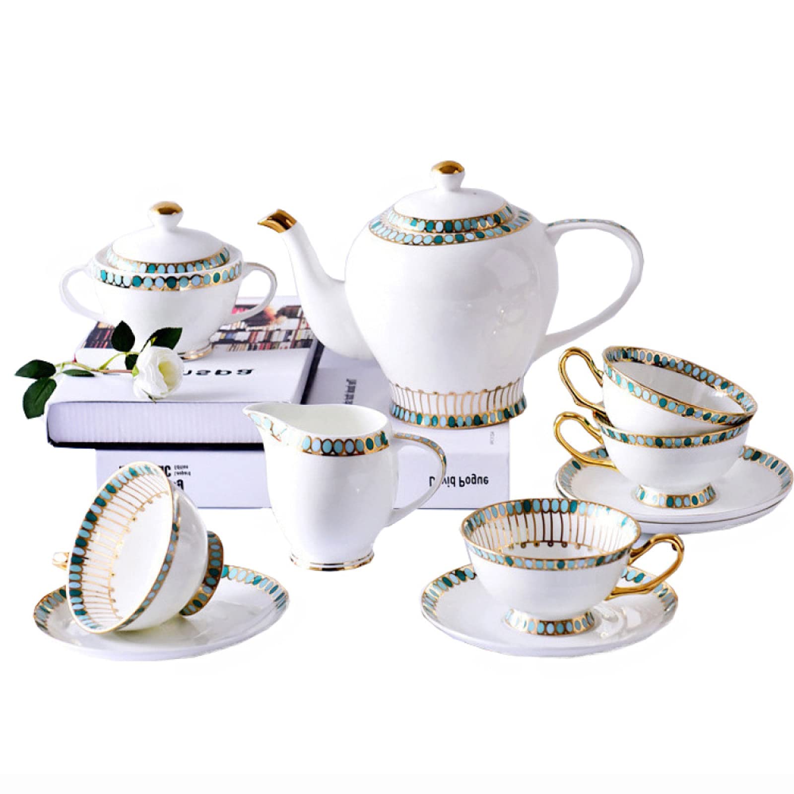 Set di tazzine da caffè in porcellana, set con piattino e tazza, set da tè in porcellana da 15 pezzi Set di tazze da caffè e piattino con teiera, zuccheriera e brocca for il latte, regalo for adulti e