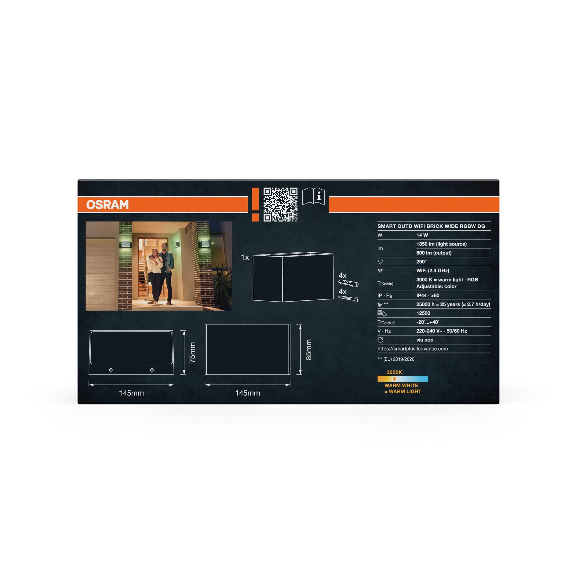 OSRAM SMART+ WiFi Brick Wide Lampa ścienna LED Up/Down Ciemnoszara, 14W, 600lm, RGB+W 3000K, WiFi, Alexa, IP44 Na zewnątrz