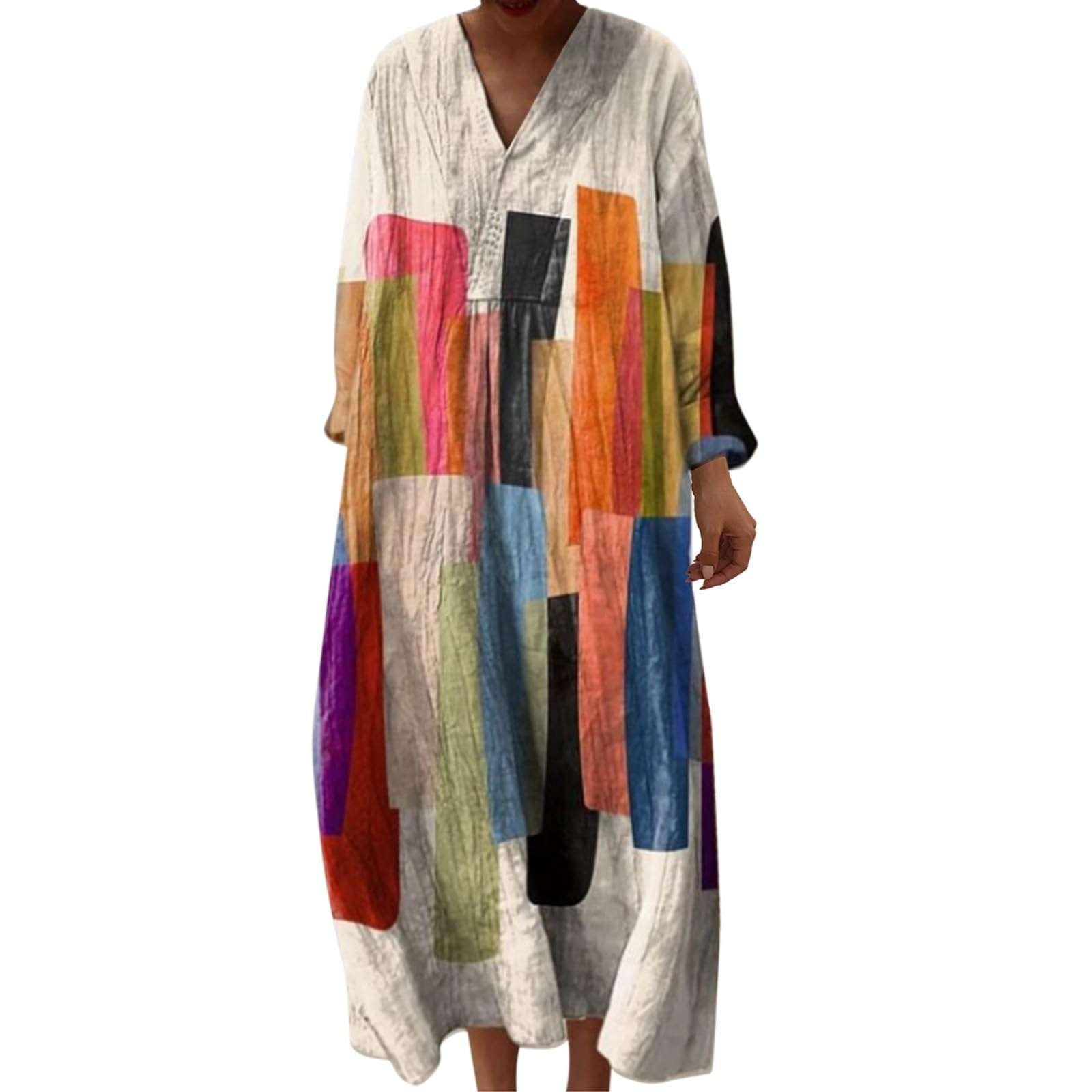 Summer Dresses for Women UK Plus Size Linen Italian Dress Boho Ethnic Print Long Short Sleeve V Neck Kaftan Cotton Casual Tunic Petite Italy Ladies Holiday Beach Clothes Sun Dress with Pockets