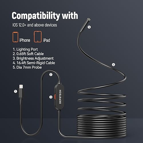 Miniatura 8 de DEPSTECH Cámara endoscopio con luz, cámara de inspección de boroscopio FHD con tecnología Bluart 3.0, sonda delgada de 0.276 in, cable semirrígido