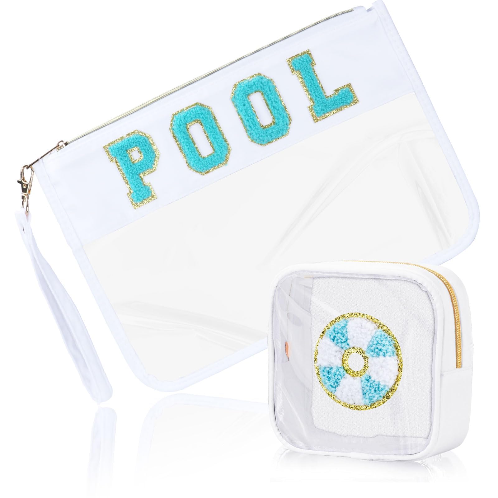 BuyCard 2 Pcs Pool Bag Cosmetic Makeup Bag with Chenille Letter Patch, Clear Pouch PVC Organizer Purse, Waterproof Travel Beach Bag, Portable Toiletry