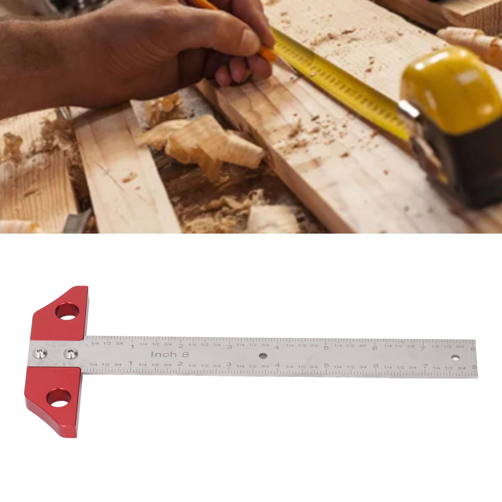 Leapiture T Square Ruler 8in Drawing Metal Woodworking Layout Measuring Scriber Metric Imperial Scale Drafting Supplies for Carpenter Work