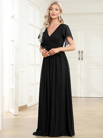 Ever-Pretty Women's V-Neck Ruffle Sleeves Ruched Bust Chiffon Floor Length Bridesmaid Dresses 0164A