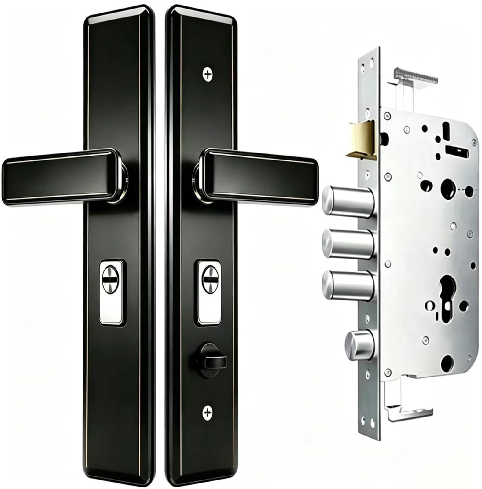 Serratura Meccanica in Acciaio Inox, Set Maniglia Antifurto per Porta D'Ingresso, Finitura Nera(B+Inside Open)