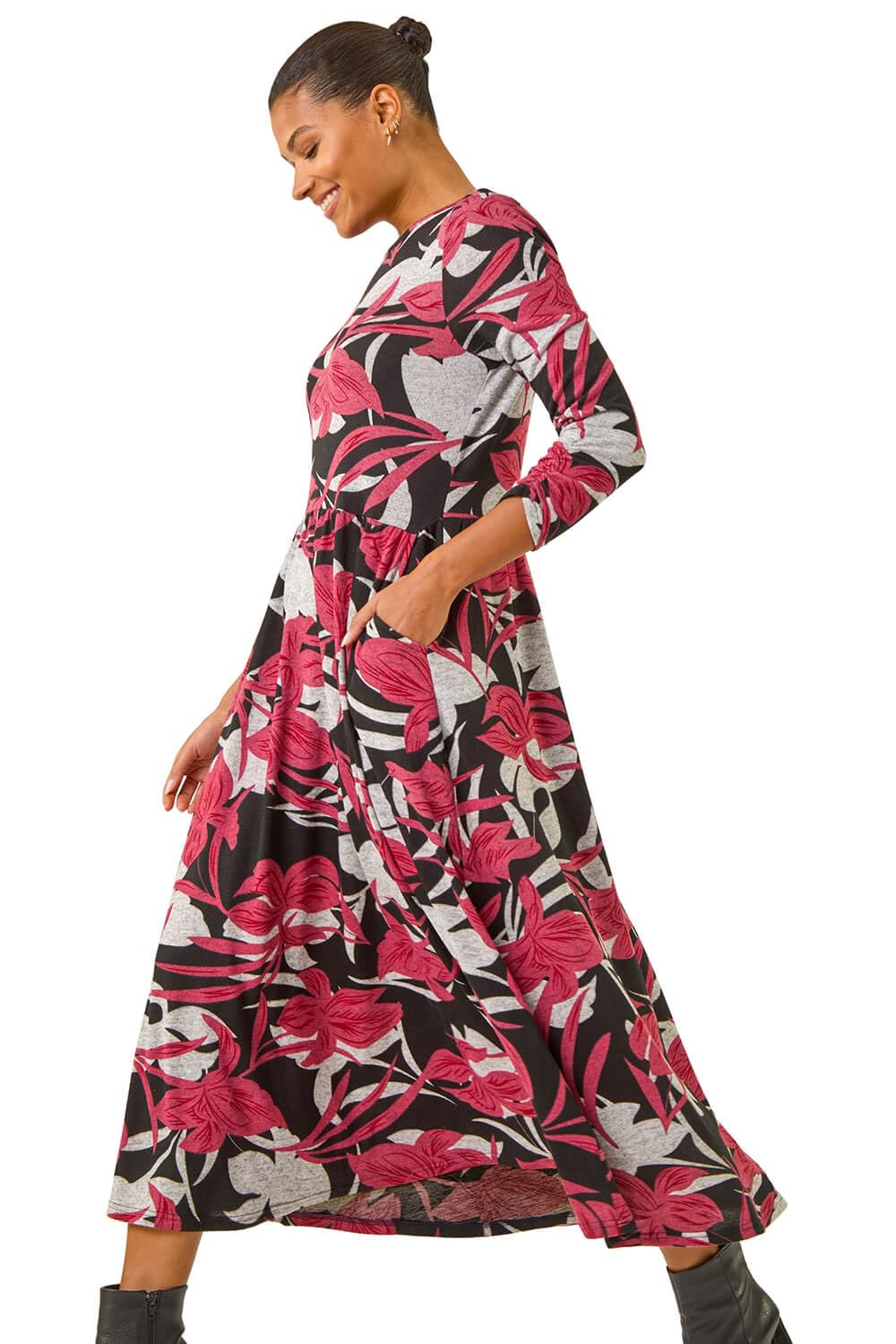 Roman Women's Red Floral Print Pocket Midi Dress Size 16