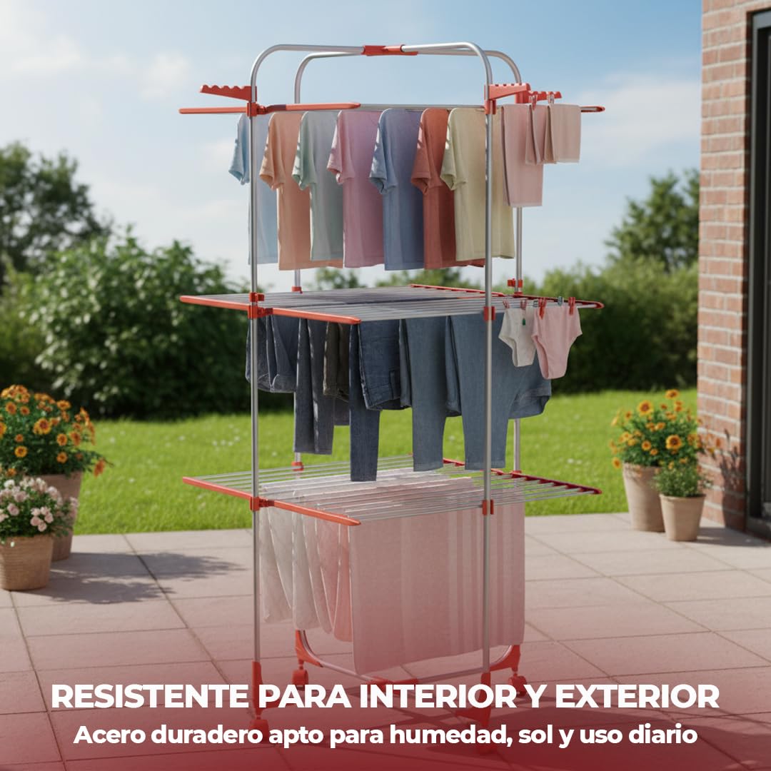 Tendedero Vertical Plegable 30M 3 Niveles con Ruedas 69.5×69.5×141.5cm - Tendedero de Pie Plegable de Aluminio para Interior y Exterior - Tenderetes de Ropa Plegables Ahorra Espacio
