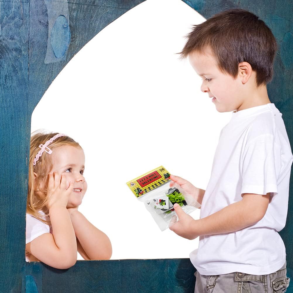 24 Packs Train Building Blocks with Valentines Gift Cards, 6 in 1 Train Building Blocks Sets for Boys Girls Goodie Bags Carnival Prizes Birthday Supplies, Classroom Exchange Prize, Valentine Party