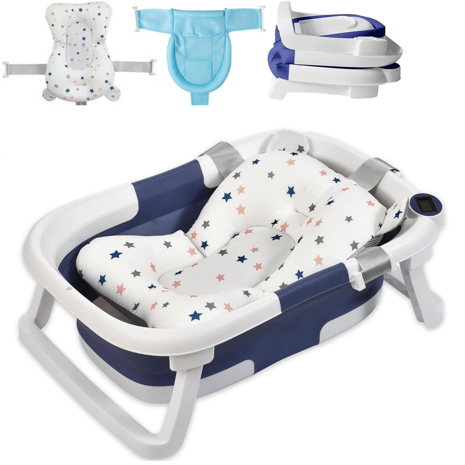 LiveGo Foldable Baby Bath Tub with Digital Thermometer – Collapsible Newborn Bathtub with Soft Cushion & Mesh Support Net – Anti-Slip Portable Travel Spa for Infants & Toddlers 0-3 Year (Blue Star) — image 1