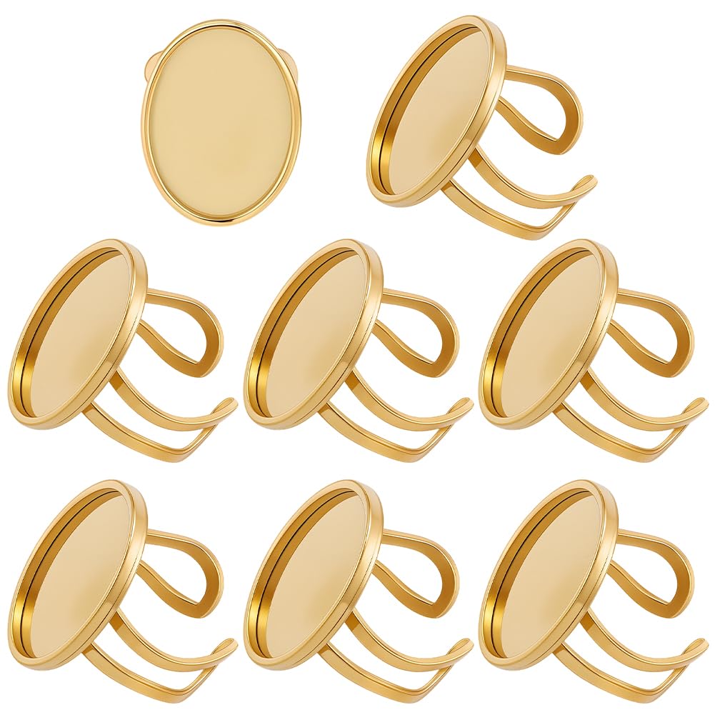 Beebeecraft 1 Box 8Pcs Ring Blanks for Jewelry Making, 18K Gold Plated 304 Stainless Steel Adjustable Cabochon Ring Blanks Settings Components Base with 25x18mm Oval Tray Pad for DIY Crafts