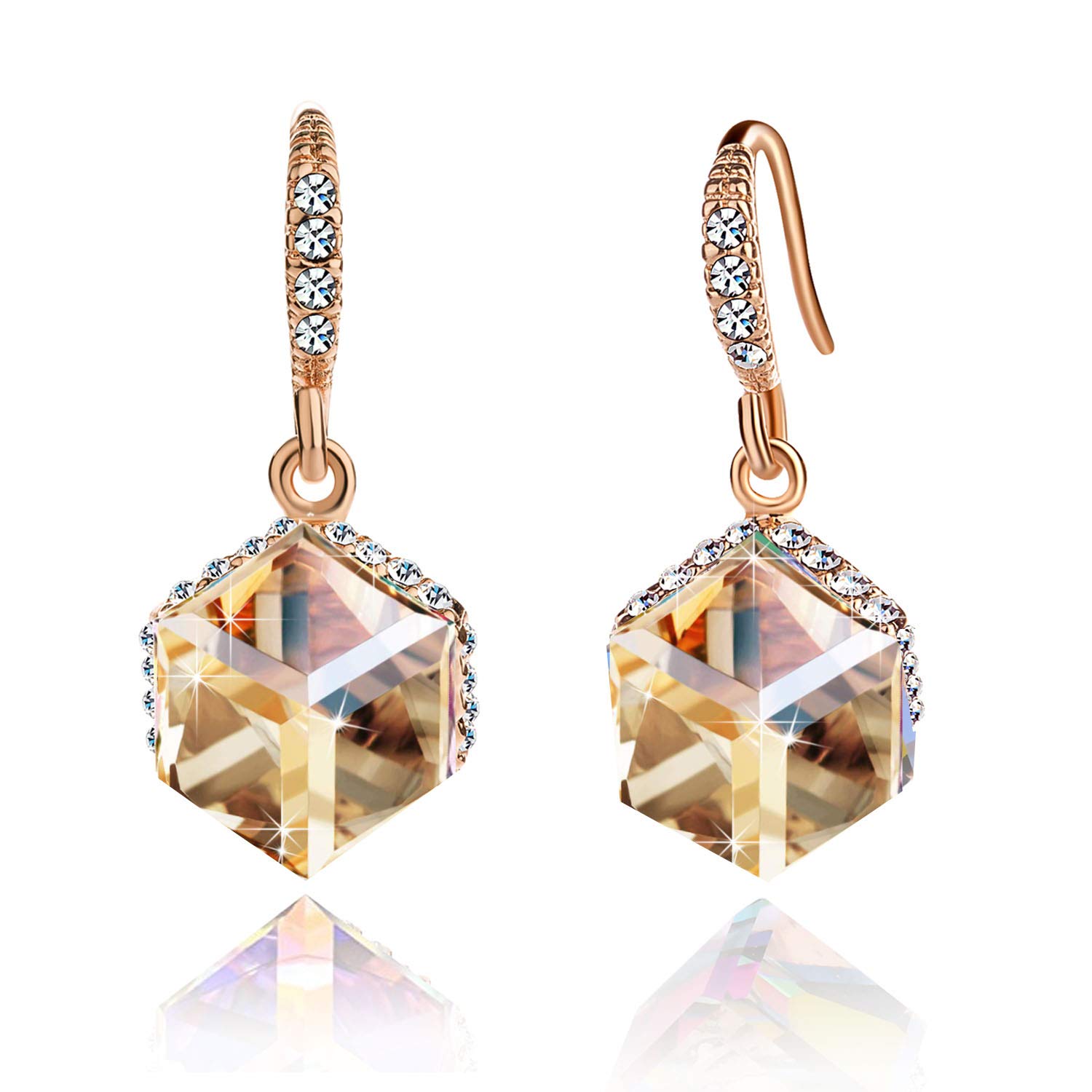 EVEVICAustrian Crystal Cube Drop Dangle Earrings for Women 14K Gold Plated Hypoallergenic Jewelry