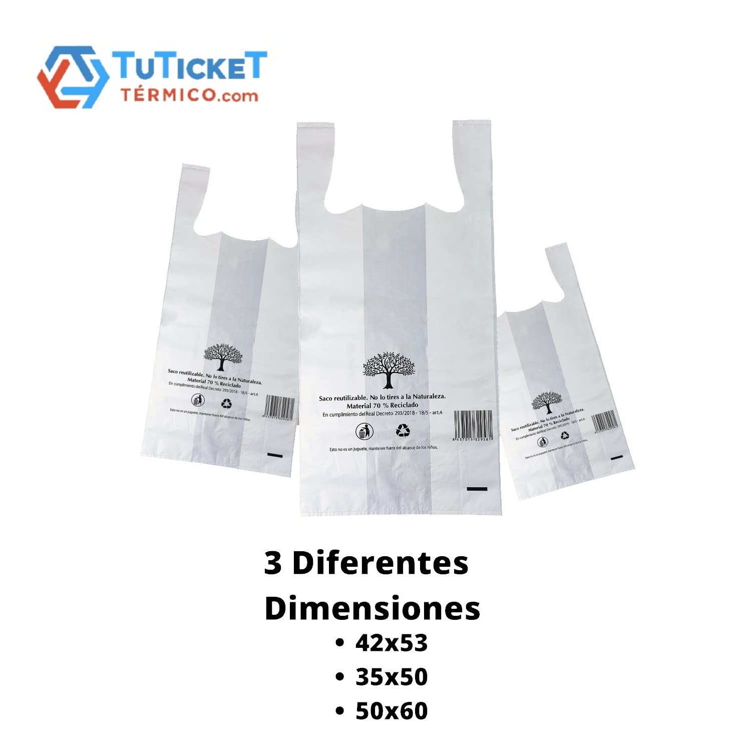 TuTickeT TERMICO.com - Bolsas de Plástico con Asas Tipo Camiseta de Medida 50x60, Galga 200 y 50 Micras, Resistentes, Reutilizable, 70% Reciclada y 100% Reciclable, Fardo de 20 kg - 780 Unidades