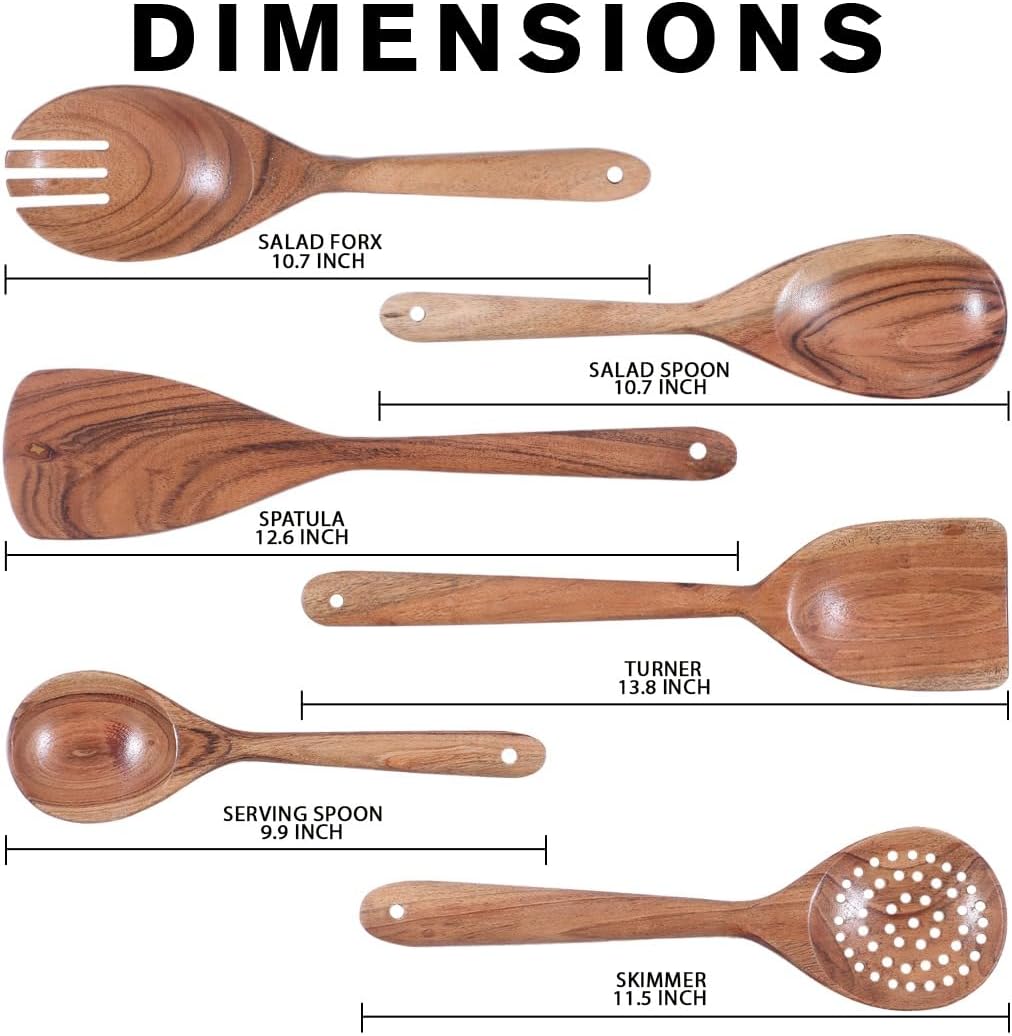 Wooden Cooking Utensils Set of 6 – Natural Teak Wood Kitchen Tools for Nonstick Cookware, Wooden Spoons and Spatulas for Cooking & Serving, Eco-Friendly Handmade Kitchen Utensil Set - Image 3