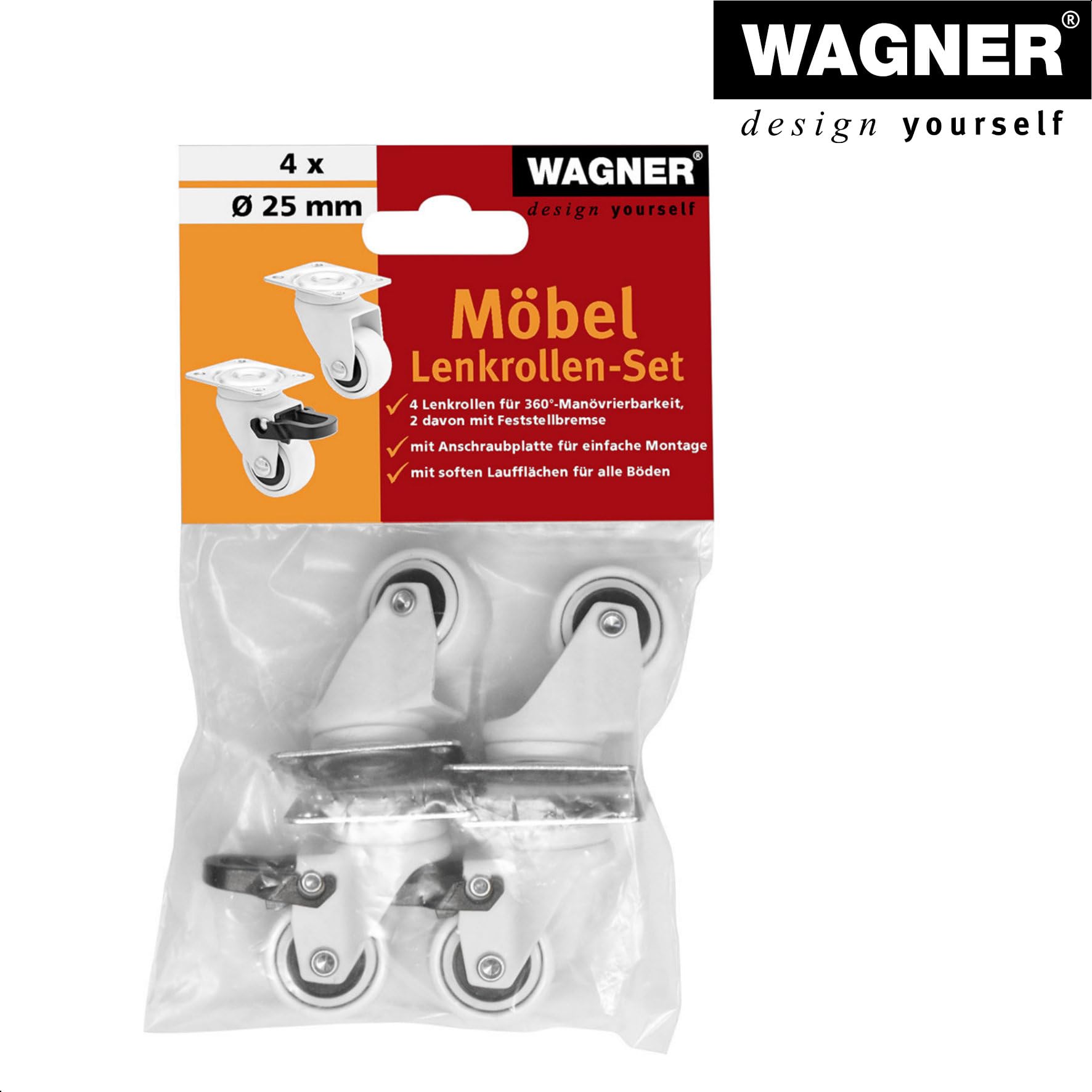 WAGNER Design - 3C - Möbelrollen 4tlg. - weiß, Softlauffläche, Durchmesser Ø 25 mm, Bauhöhe 40 mm, je 2 Rollen mit & ohne Feststeller, Anschraubplatte 30 x 40 mm, Tragkraft 12 kg/Rolle - 02222604