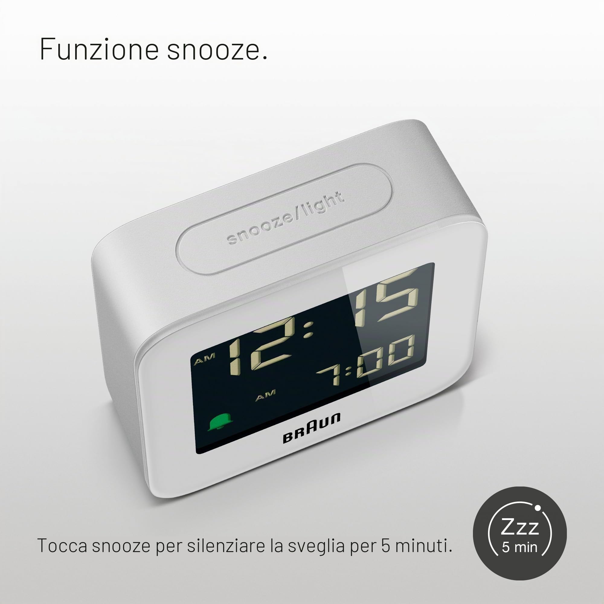 Braun Orologio Sveglia da Viaggio Digitale Funzione Snooze, Dimensioni compatte, Display LCD Negativo, Funzione Quick Set, Suono Sveglia Beep con crescendo, in Bianco, modello BC08W.