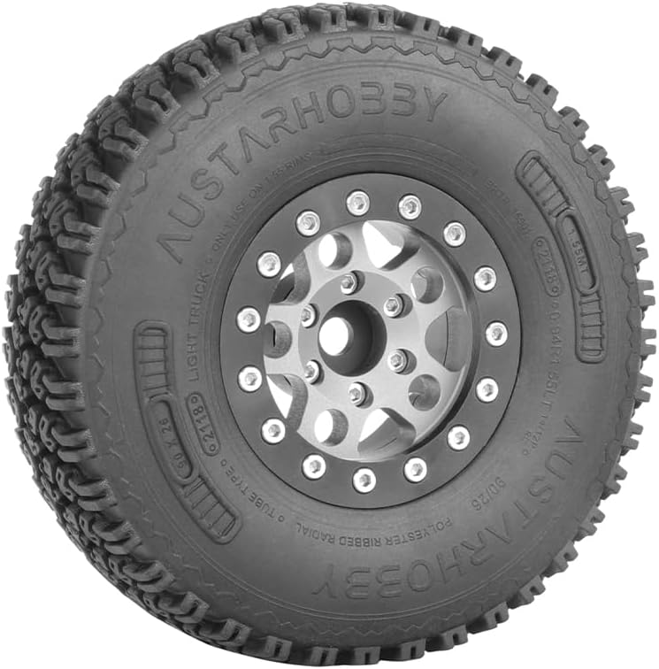 4PCS 1.55 Inch Aluminum Alloy Metal 5Spoke Beadlock Wheel Rim and 90mm Rubber Tires for 1/10 RC Rock Crawler Car for Axial AX90069 D90 TF2 CC01 Tamiya Upgrade Parts (Grey Black)