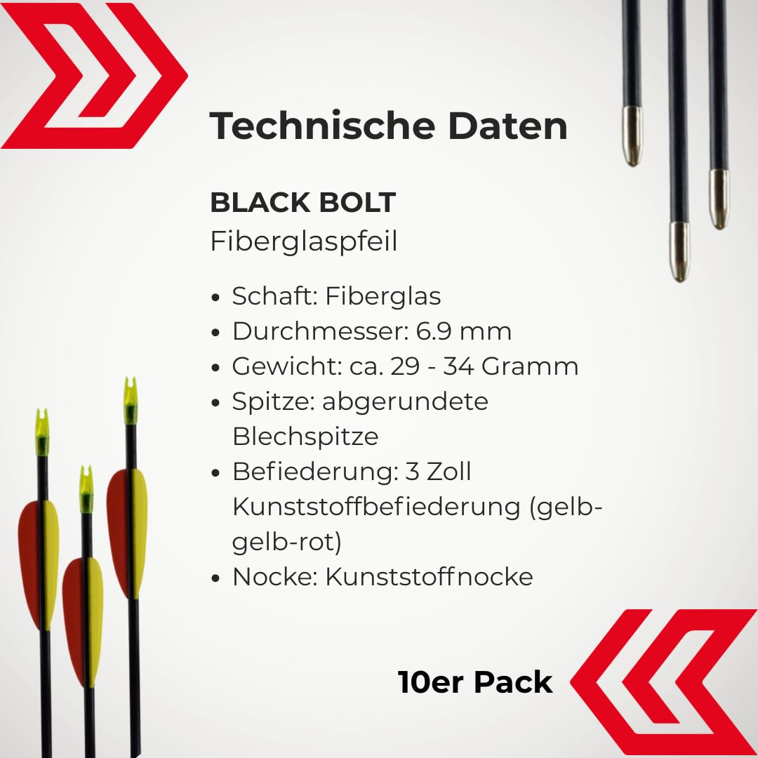 BLACK BOLT Fiberglaspfeile 32 Zoll für Lang- und Recurvebögen bis 30 lbs | 10er Set mit gelb-roter Kunststoffbefiederung, abgerundeter Blechspitze, Kunststoffnocke