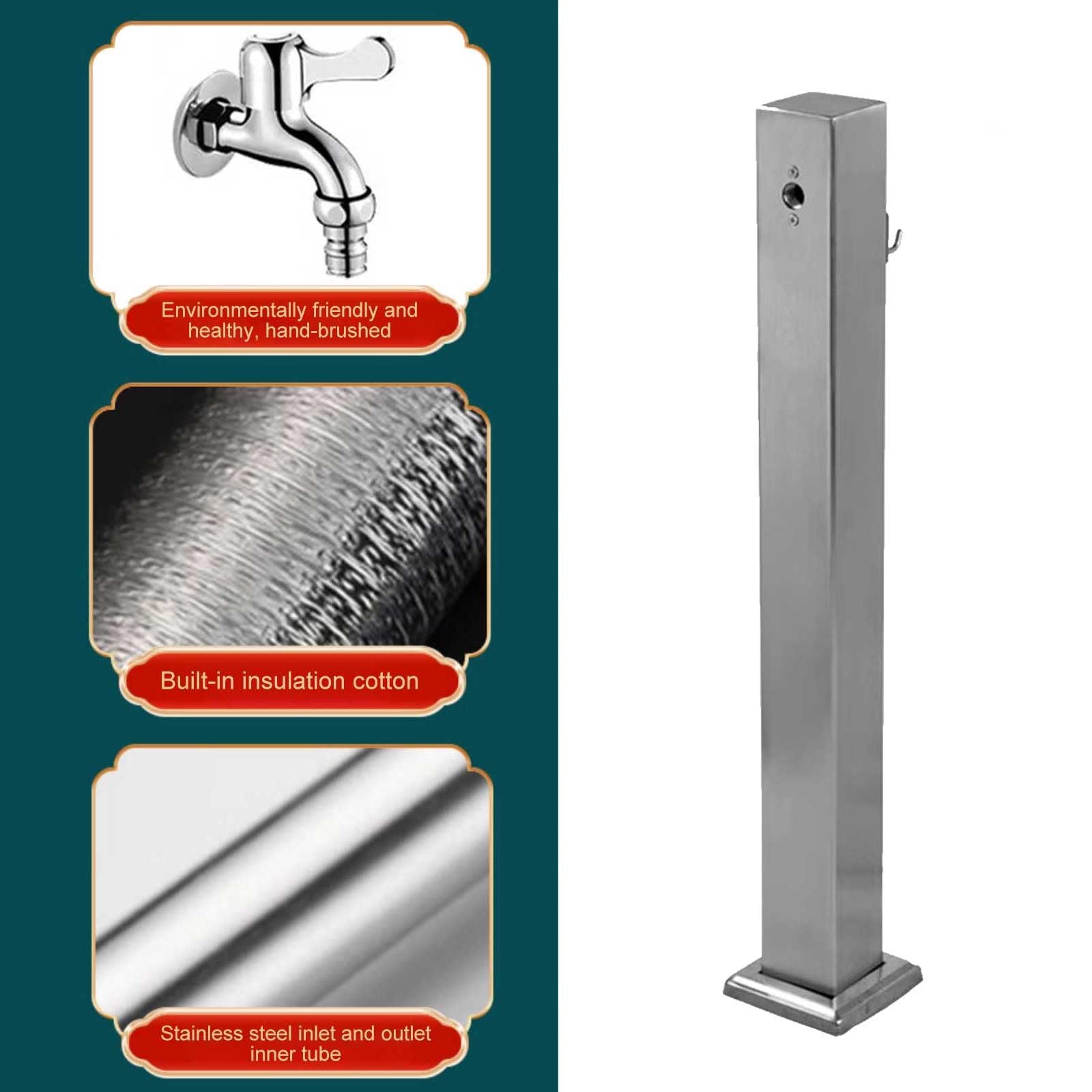 Generico Colonna d'Acqua da Giardino con Rubinetto per Esterni Colonna Quadrata Verticale Autoportante in Acciaio Inossidabile Antigelo con Porta Tubo per Pascolo Agricolo (60 cm/24 Pollici)
