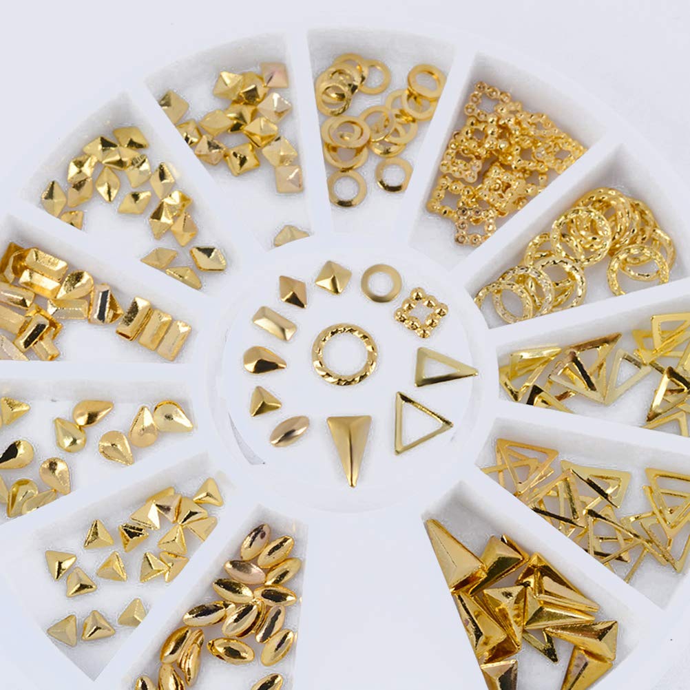 FRCOLOR 120 Pcs Mixed Metallic Nail Studs Oval Circle Triangle Hollow Frame Nail Art Decorations for Natural and Artificial Nails Diy Manicure Phone and Home Decor