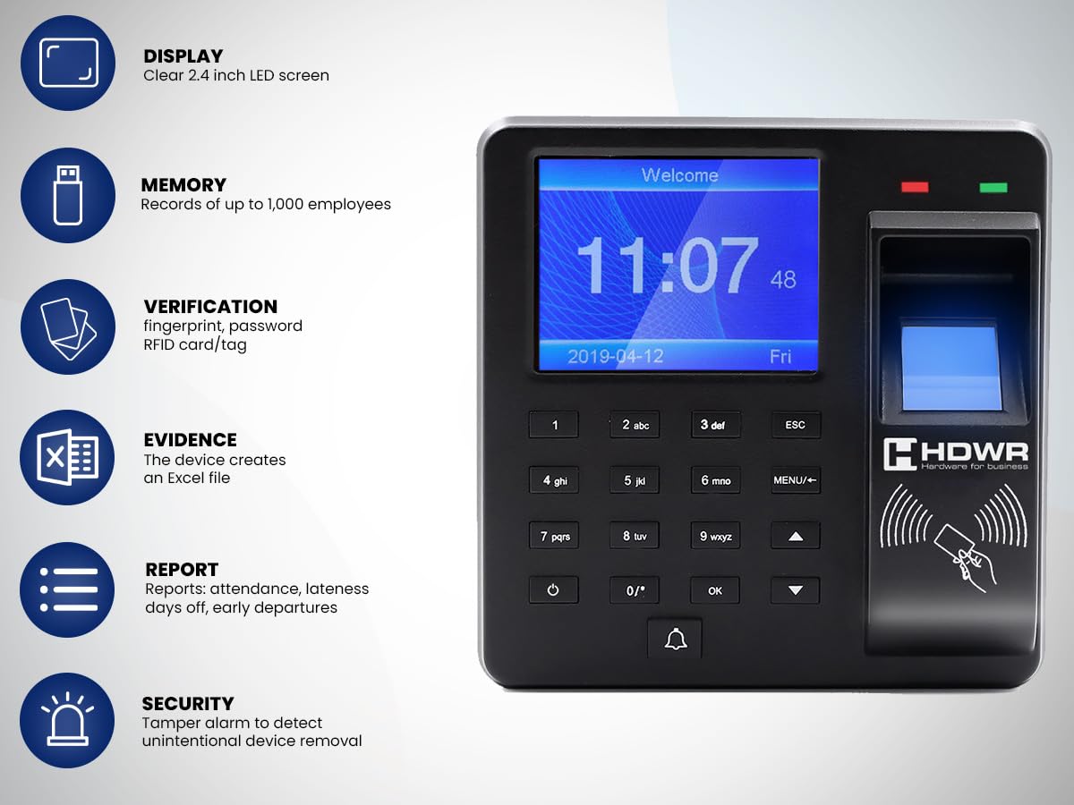 HDWR CTR10 Macchina di Registrazione, Sistema Avanzato di Rilevazione delle Presenze - Biometrico, RFID, Verifica con Password - 1000 Dipendenti, Controllo degli Accessi