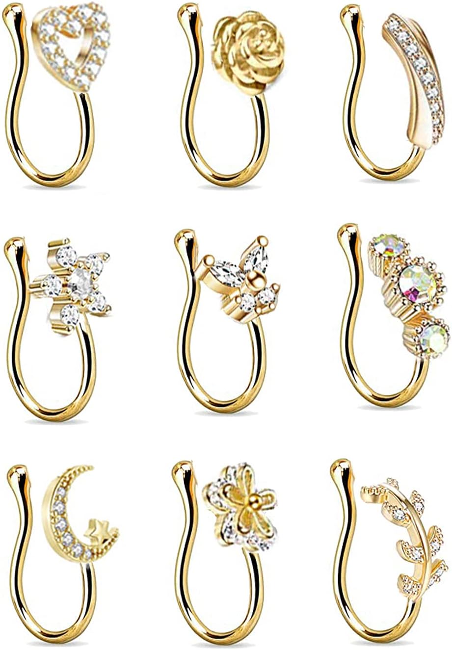 9Pcs Fake Nose Rings Hoop for Women Faux Cartilage Tragus Ring Nose Cuff Non Piercing Jewelry Set