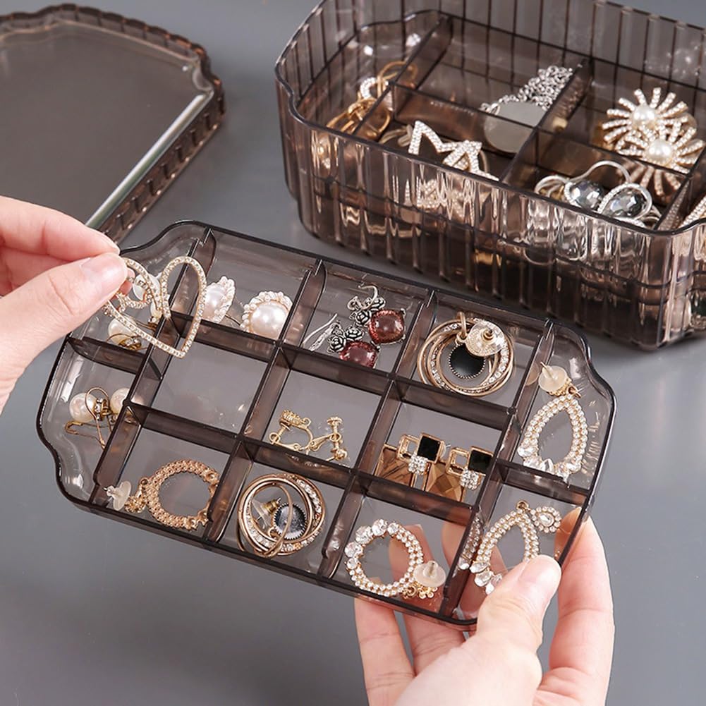 LETURE Scatola organizer per gioielli a 3 strati per orecchini, anelli, collane, bracciali, contenitori in plastica trasparente per perline per artigianato (caffè