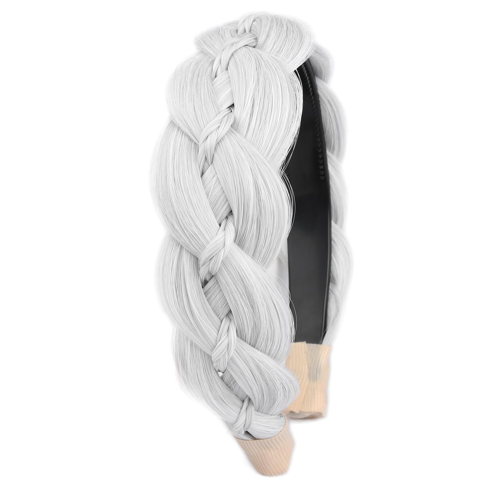 GLEDOLA Wide Braided Headband with Teeth Synthetic Hair Plaited Headband High Elasticity Braids Hair Band Hairpiece for Girls Women (White Gray
