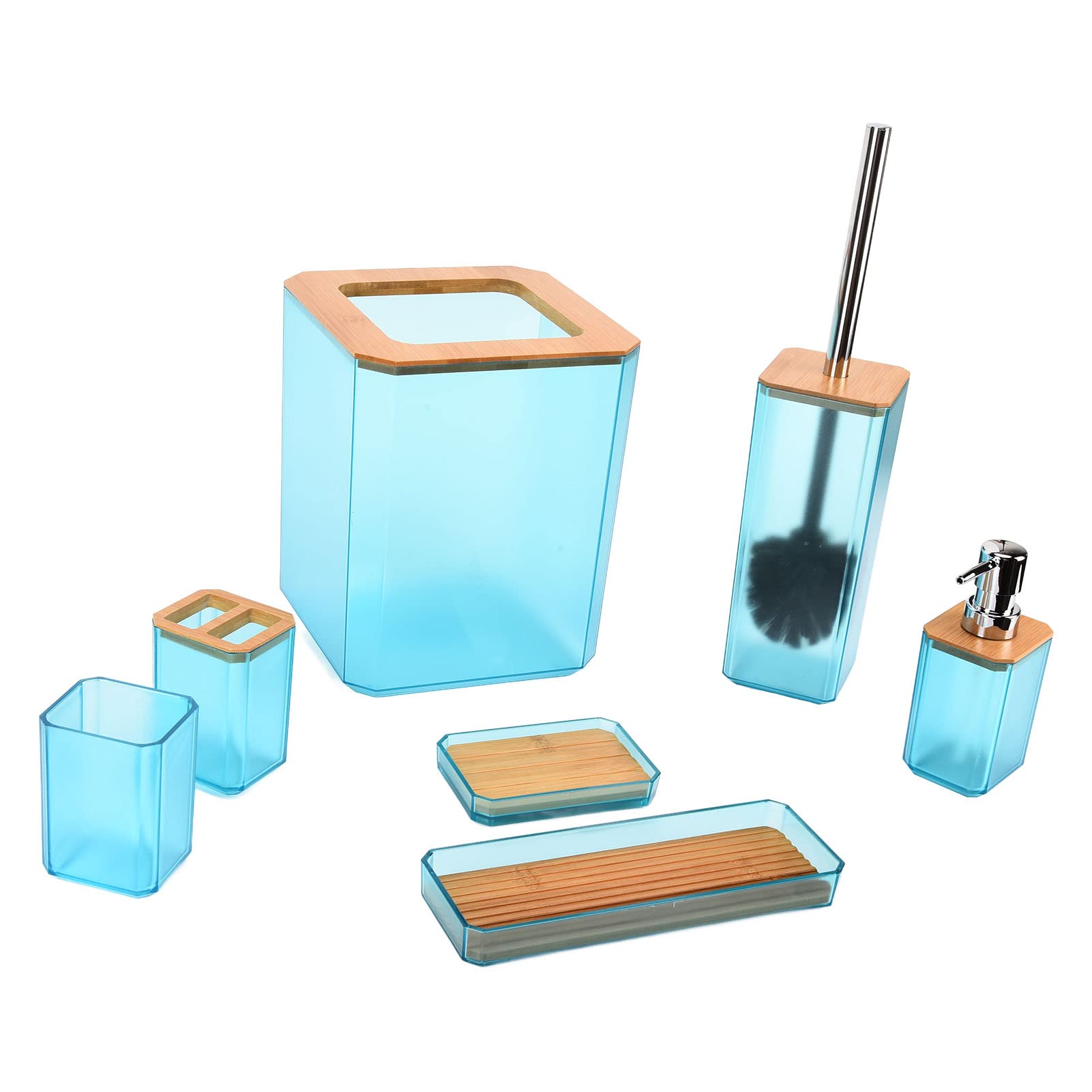 Set di accessori da bagno in bambù, 7 pezzi: kit da bagno con portasapone, porta spazzolino, bicchiere, scopino per WC, cestino della spazzatura e vassoio; design in bambù e resina (Verde)