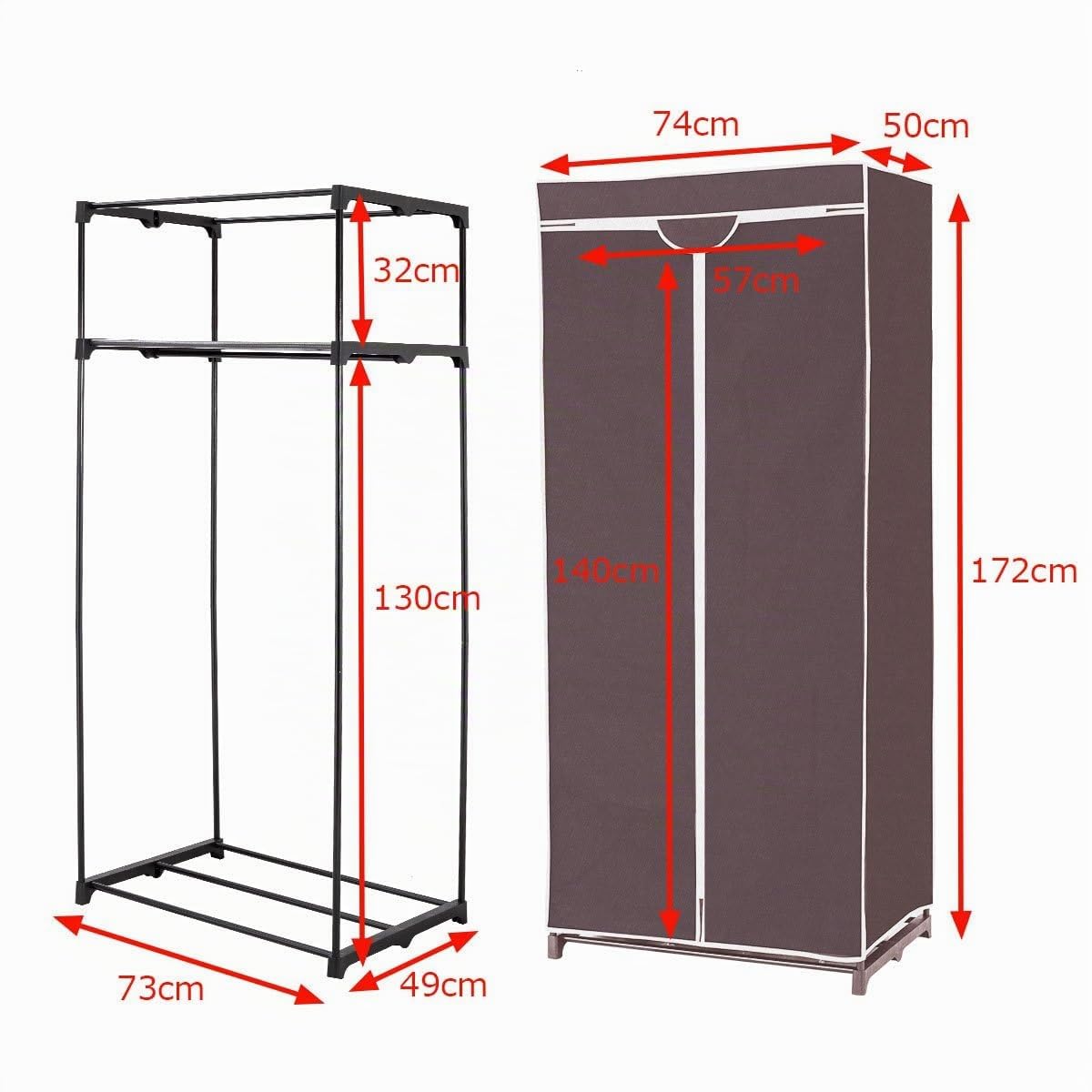 FANTASK Penderie en Tissu avec Tringle à vêtements et étagère - Armoire Pliante en Tissu - pour Salon, Chambre à Coucher, Cave - 74 x 50 x 172 cm - Marron