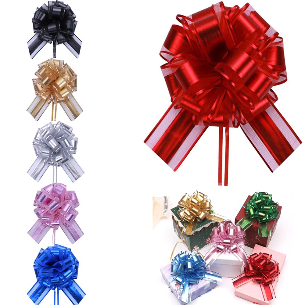 6 Pcs 6inch Pull Bow Christmas Gift Wrapping Pull Bow for Gifts Wrapping Party Birthday Holiday Gift Boxes Bow Basket Packaging Bows for Valentine's Day Presents Flower Decorations