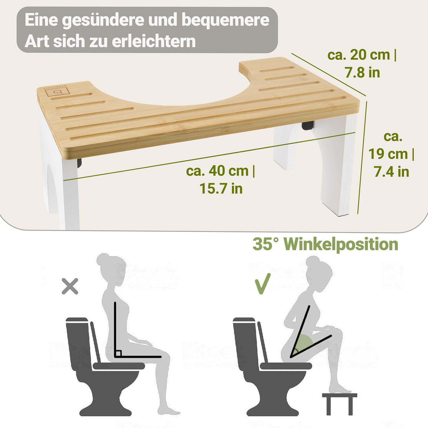 BENKSTEIN Toilettenhocker Erwachsene - Holz - Klohocker - Toilette Bambus - Tritthocker - klappbar - WC Hocker