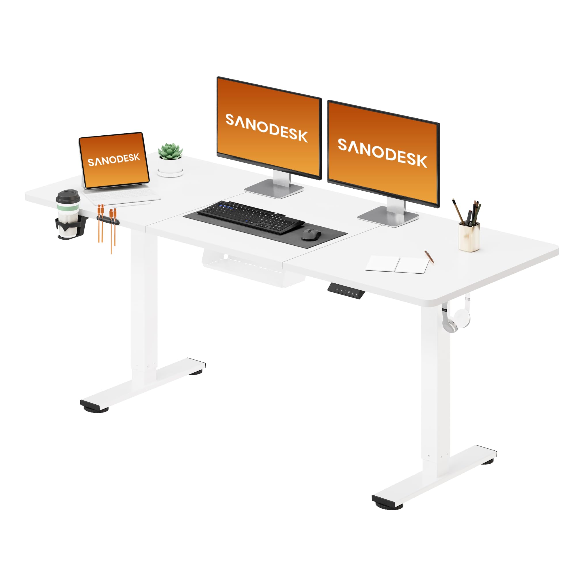 SANODESK Scrivania ad Altezza Regolabile, 160 x 60 cm, Scrivania, Altezza Regolabile, Sedile Elettrico ergonomico, Tavolo, Scrivania per Computer per Home Office, Home Office (Bianco)
