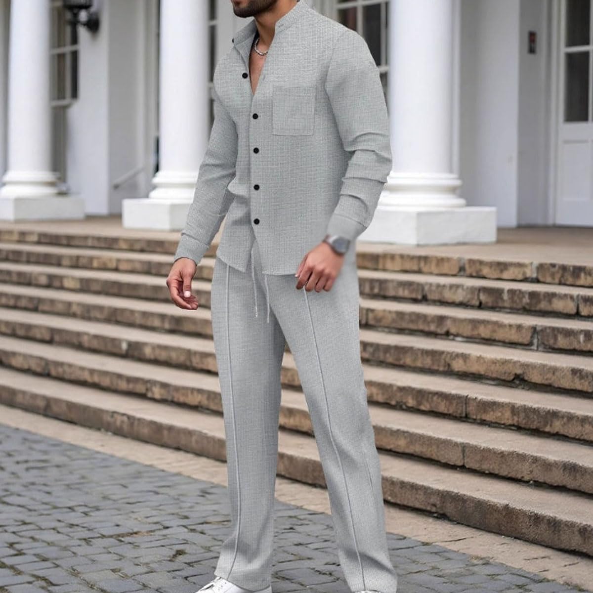 Men's Clothing Stand Collar Buttoned Weave Linen Two Piece Suit, Long Sleeve Button Down Shirt and Pants Set