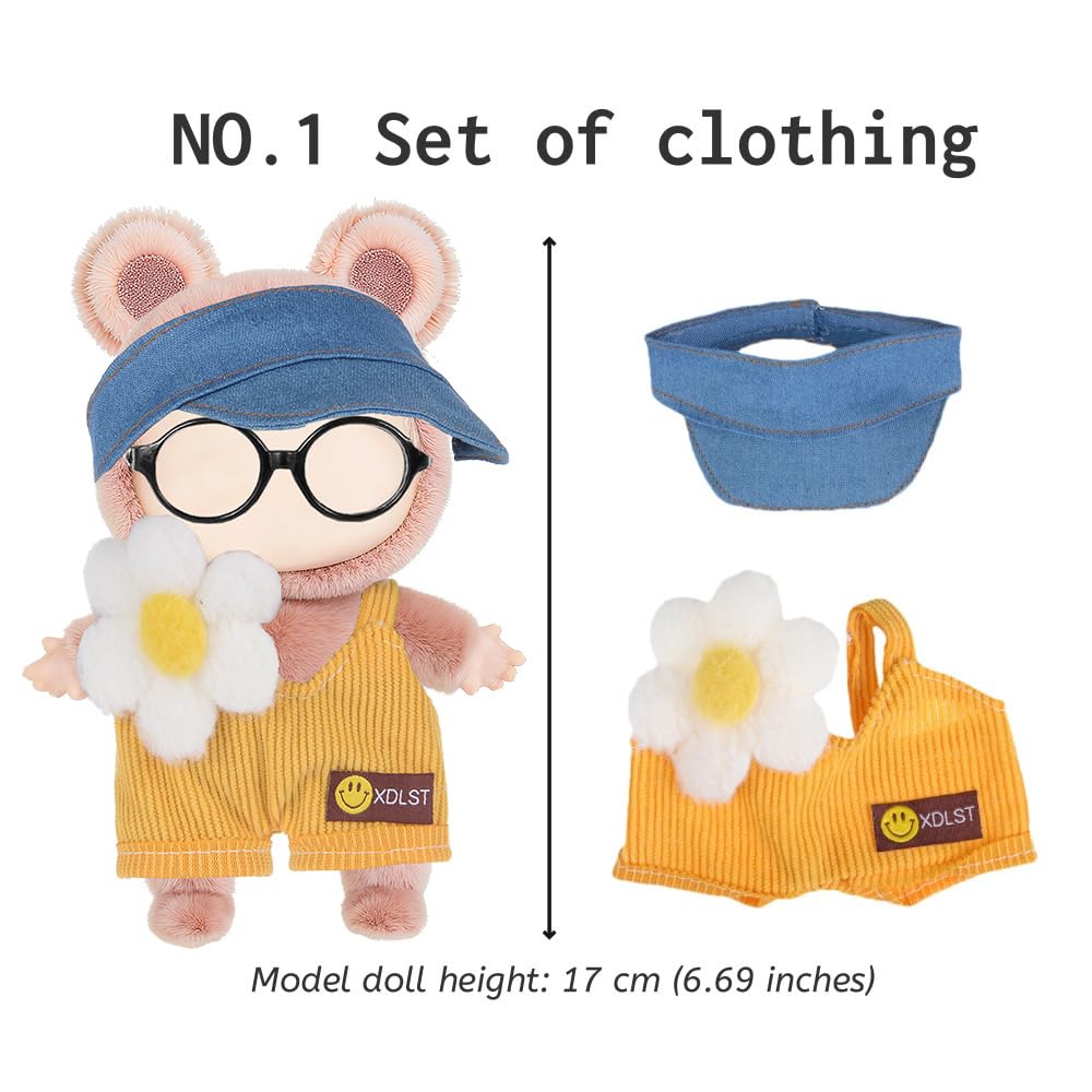 ebuddy 6 Sets Puppenkleidung für 17 cm große Puppen – 2 Kleider, 2 Overalls, Shorts + 6 Hüte/Stirnbänder | Mode-Outfit-Bundle (Puppe nicht im Lieferumfang enthalten)