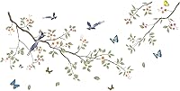 Vista 9 de Calcomanías de pared de ramas de hojas verdes, calcomanías de pared de flores blancas, calcomanías de pared extraíbles para bricolaje, mariposas