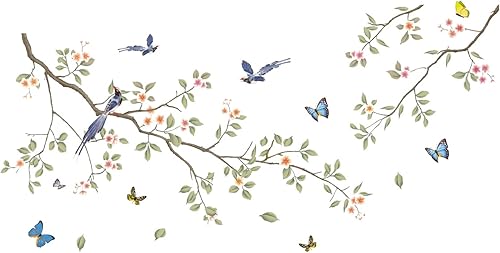 Miniatura 9 de Calcomanías de pared de ramas de hojas verdes, calcomanías de pared de flores blancas, calcomanías de pared extraíbles para bricolaje, mariposas y